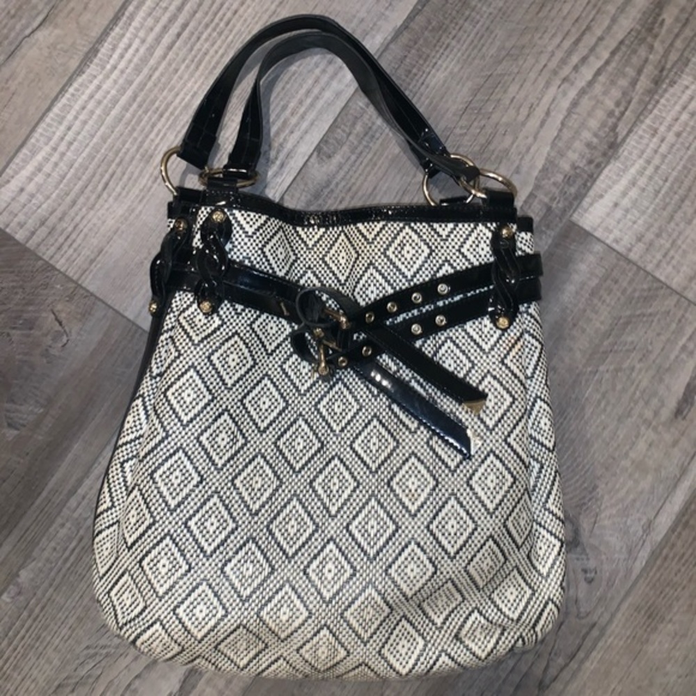 Francesco Biasia Handbag Purse Black White Woven Patent Leather